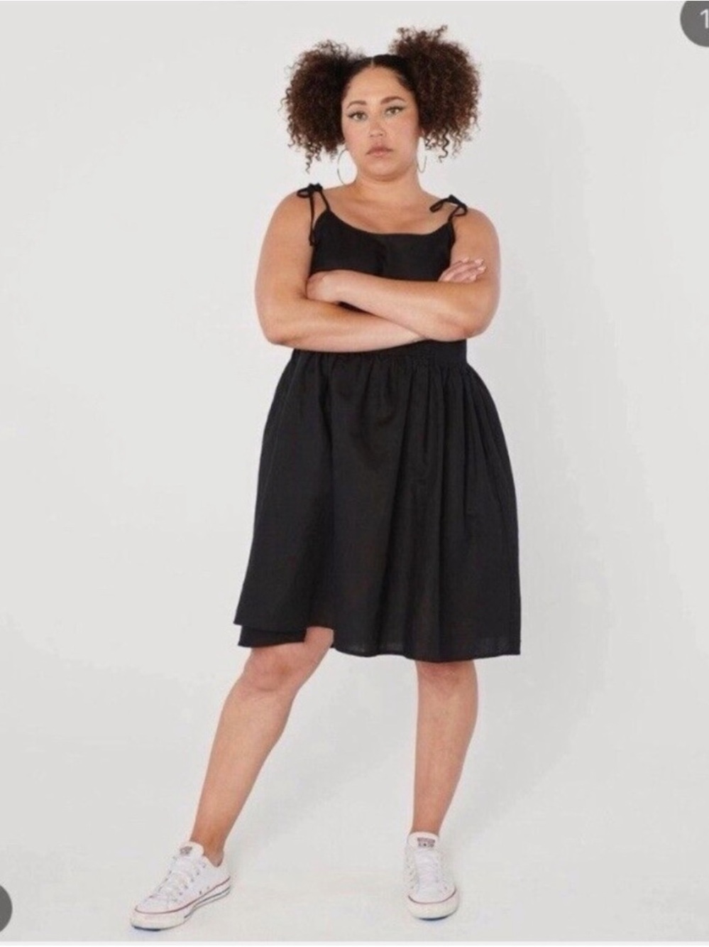 Tuesday of California Black Tie-Strap Baby Doll linen cotton blend Dress